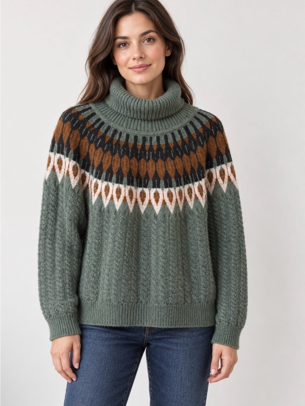 Evereve Green Fair Isle Cable Turtleneck Sweater